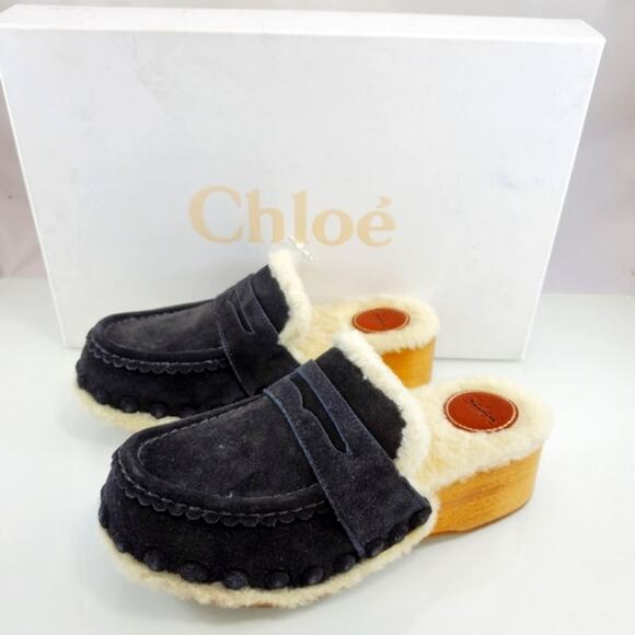 NWT$850 CHLOE Joy Black Suede Shearling Fur Slip-on Clogs Slides Shoes Sz 35 (5) - Picture 2 of 16